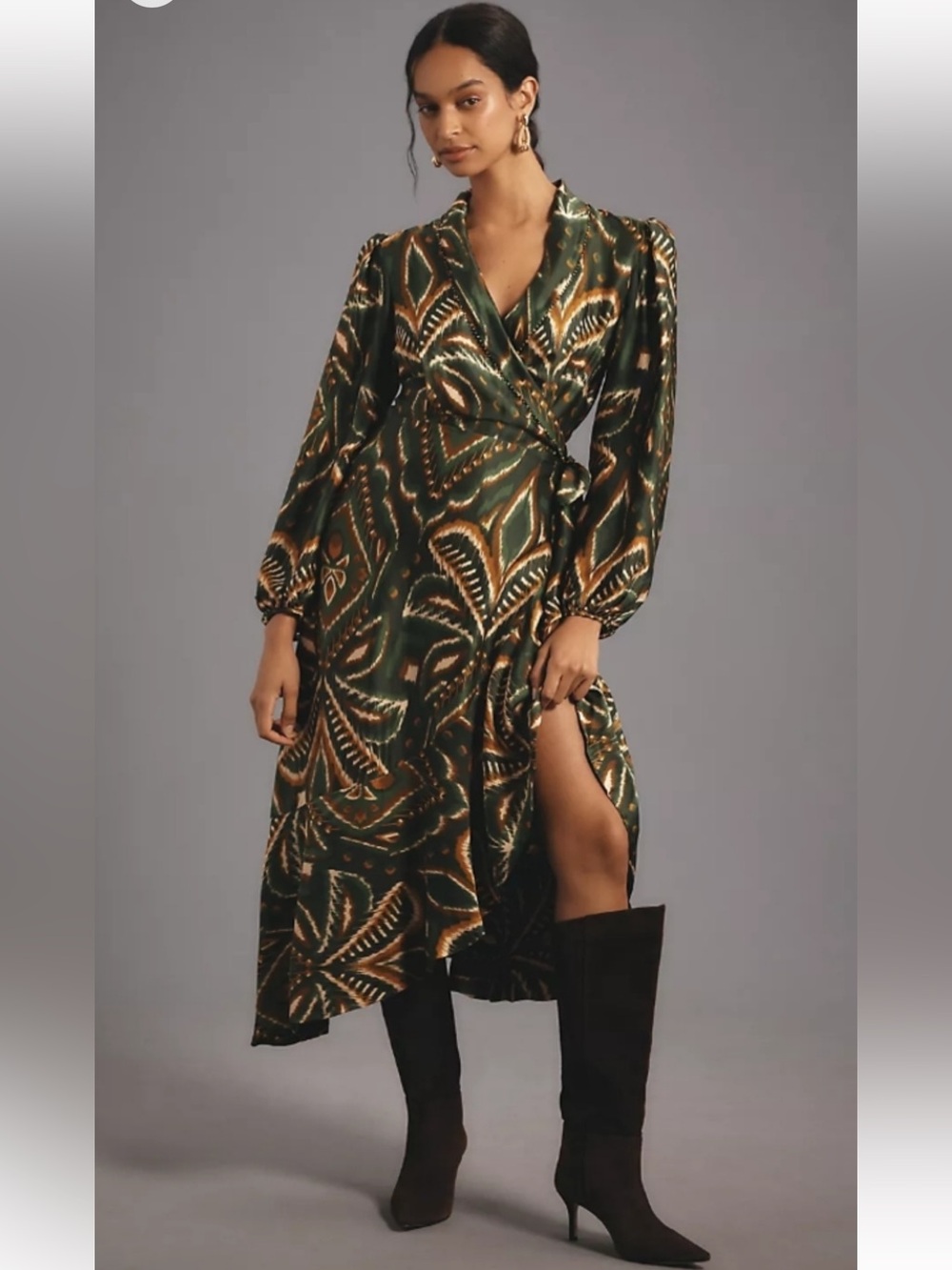 FARM Rio Pineapple Ikat Asymmetric Emerald & Gold Printed Long-Sleeve Wrap Dress